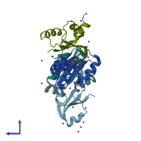 PDB entry 3jtp coloured by chain, side view.