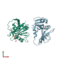 PDB entry 3jtw coloured by chain, front view.