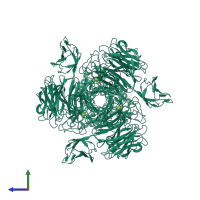 Homo trimeric assembly 1 of PDB entry 3ju4 coloured by chemically distinct molecules, side view.