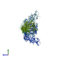 PDB entry 3ju6 coloured by chain, side view.