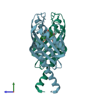 PDB entry 3jum coloured by chain, side view.