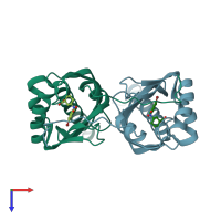 PDB entry 3jum coloured by chain, top view.