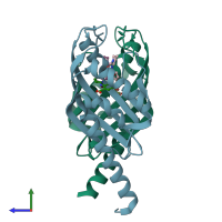 PDB entry 3jun coloured by chain, side view.