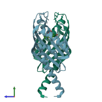 PDB entry 3jup coloured by chain, side view.