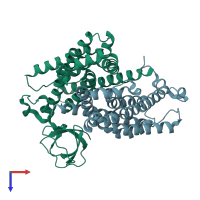 PDB entry 3jv3 coloured by chain, top view.