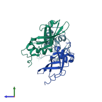 PDB entry 3jvc coloured by chain, side view.