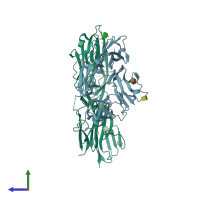 PDB entry 3jxa coloured by chain, side view.