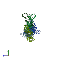 PDB entry 3jyg coloured by chain, side view.