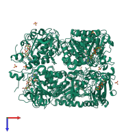 Homo hexameric assembly 7 of PDB entry 3k35 coloured by chemically distinct molecules, top view.