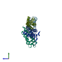 PDB entry 3kav coloured by chain, side view.