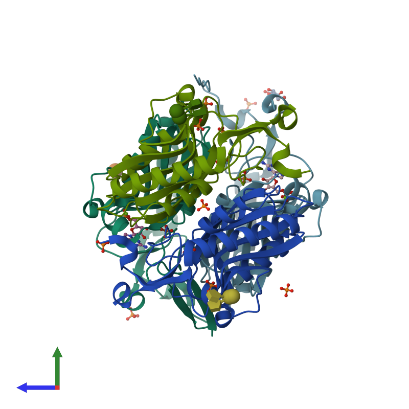 <div class='caption-body'><ul class ='image_legend_ul'>The deposited structure of PDB entry 3kb8 coloured by chain and viewed from the side. The entry contains: <li class ='image_legend_li'>4 copies of Hypoxanthine phosphoribosyltransferase</li><li class ='image_legend_li'>[]<ul class ='image_legend_ul'><li class ='image_legend_li'>3 copies of beta-D-fructofuranose-(2-1)-alpha-D-glucopyranose</li> <li class ='image_legend_li'>13 copies of PHOSPHATE ION</li> <li class ='image_legend_li'>2 copies of GUANOSINE-5'-MONOPHOSPHATE</li> <li class ='image_legend_li'>2 copies of MAGNESIUM ION</li> <li class ='image_legend_li'>1 copy of GLYCEROL</li></ul></li></div>