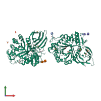 Homo dimeric assembly 1 of PDB entry 3ke0 coloured by chemically distinct molecules, front view.