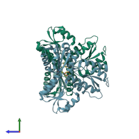 PDB entry 3kel coloured by chain, side view.