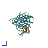 PDB entry 3kf2 coloured by chain, side view.