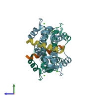 PDB entry 3kf9 coloured by chain, side view.