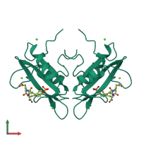 Homo dimeric assembly 2 of PDB entry 3kfj coloured by chemically distinct molecules, front view.