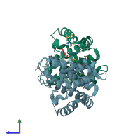PDB entry 3kh1 coloured by chain, side view.