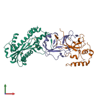 PDB entry 3kio coloured by chain, front view.