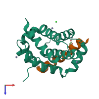 Hetero dimeric assembly 1 of PDB entry 3kj1 coloured by chemically distinct molecules, top view.