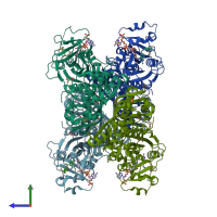 PDB entry 3kjs coloured by chain, side view.