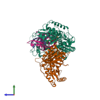 PDB entry 3kjv coloured by chain, side view.