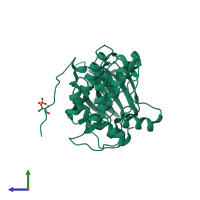 Monomeric assembly 2 of PDB entry 3kk9 coloured by chemically distinct molecules, side view.