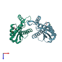 PDB entry 3kks coloured by chain, top view.