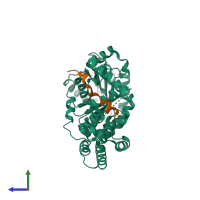 PDB entry 3kl4 coloured by chain, side view.