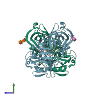 PDB entry 3km4 coloured by chain, side view.