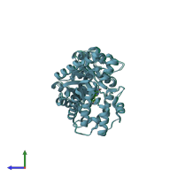 PDB entry 3km8 coloured by chain, side view.