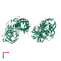 Homo dimeric assembly 2 of PDB entry 3kn0 coloured by chemically distinct molecules, top view.