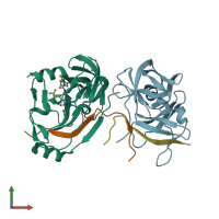 PDB entry 3kn2 coloured by chain, front view.