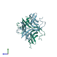 PDB entry 3knq coloured by chain, side view.