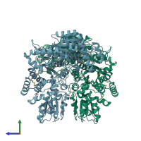 PDB entry 3kom coloured by chain, side view.