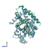 PDB entry 3kp3 coloured by chain, side view.