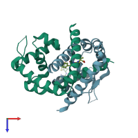 PDB entry 3kp3 coloured by chain, top view.