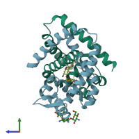 PDB entry 3kp5 coloured by chain, side view.