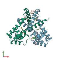 PDB entry 3kp6 coloured by chain, front view.