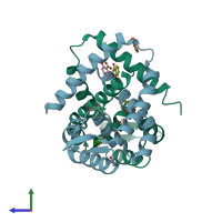 PDB entry 3kp6 coloured by chain, side view.