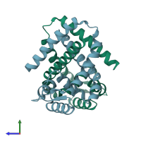 PDB entry 3kp7 coloured by chain, side view.