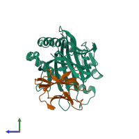 PDB entry 3kpl coloured by chain, side view.