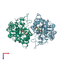 PDB entry 3krb coloured by chain, top view.