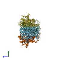 PDB entry 3krp coloured by chain, side view.