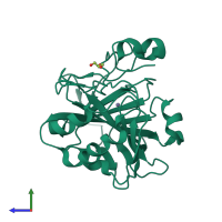 Monomeric assembly 1 of PDB entry 3ks3 coloured by chemically distinct molecules, side view.