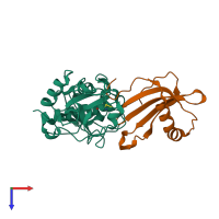 Hetero dimeric assembly 1 of PDB entry 3kse coloured by chemically distinct molecules, top view.