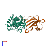 Hetero dimeric assembly 2 of PDB entry 3kse coloured by chemically distinct molecules, top view.