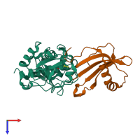 Hetero dimeric assembly 3 of PDB entry 3kse coloured by chemically distinct molecules, top view.