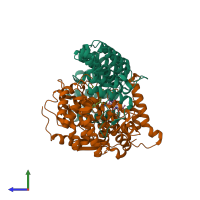 PDB entry 3ksq coloured by chain, side view.