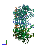 PDB entry 3kti coloured by chain, side view.