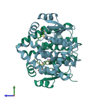 PDB entry 3ktl coloured by chain, side view.